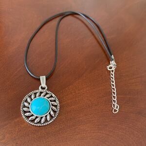 Turquoise Mandala Pendant Necklace on Black Cord